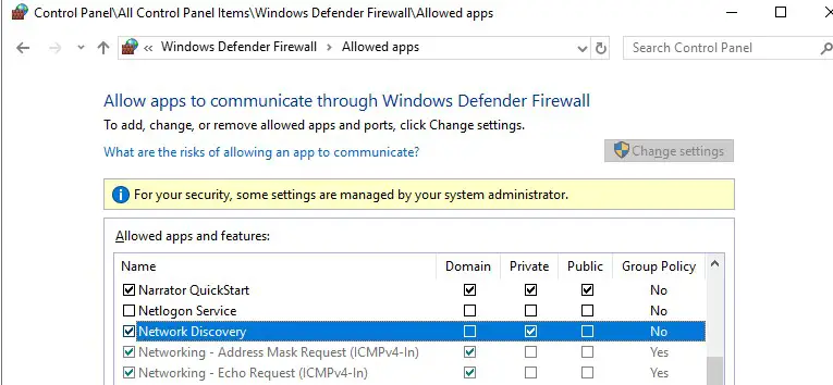 habilitar el descubrimiento de red en el firewall de Windows 10 defender