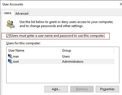 desactivar el inicio de sesión con contraseña en Windows 10: el usuario debe ingresar un nombre de usuario y contraseña para usar esta computadora