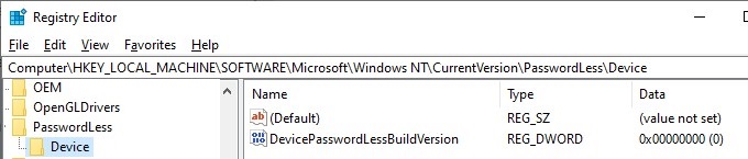 establezca el parámetro de registro DevicePasswordLessBuildVersion para habilitar el inicio de sesión automático en Windows10 20H2