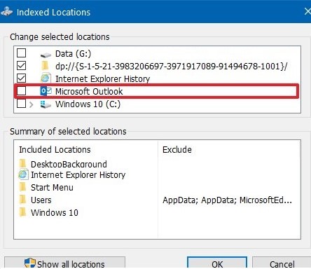 deshabilitar la indexación de archivos de Outlook y pst en Windows 10