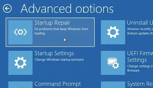 ejecutar la reparación de inicio en Windows 10 en modo de recuperación