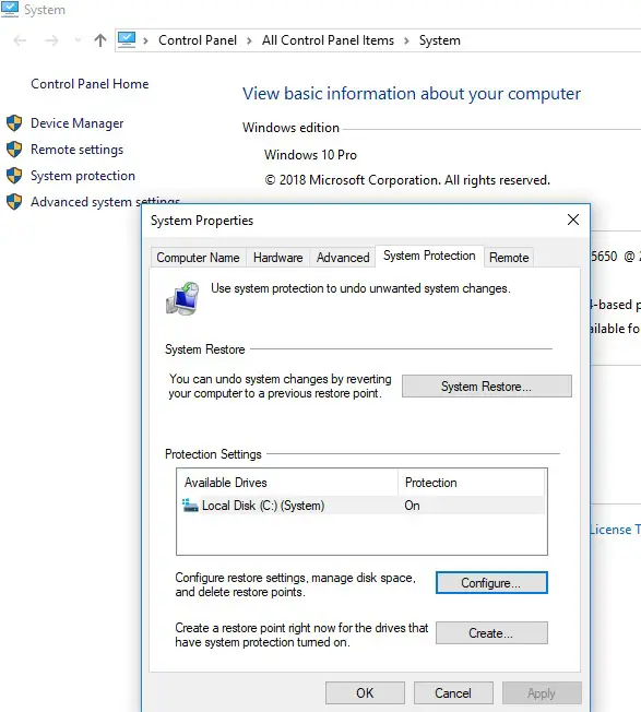configurar protecciones del sistema en Windows 10