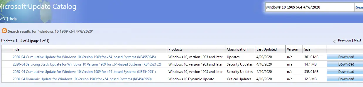 buscar actualizaciones acumulativas de seguridad de Windows en el Catálogo de actualizaciones de Microsoft