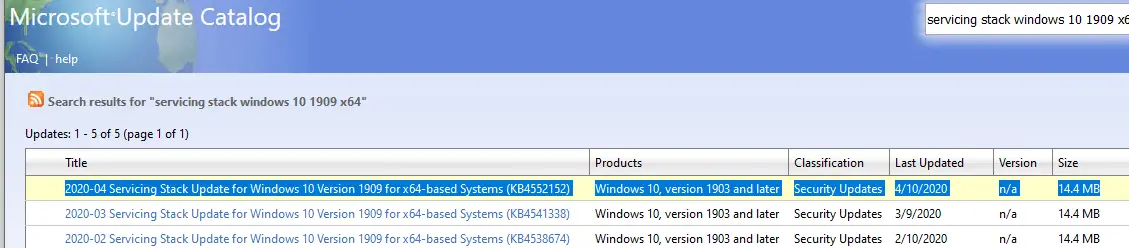descargue e instale la última actualización de la pila de servicio de Windows 10