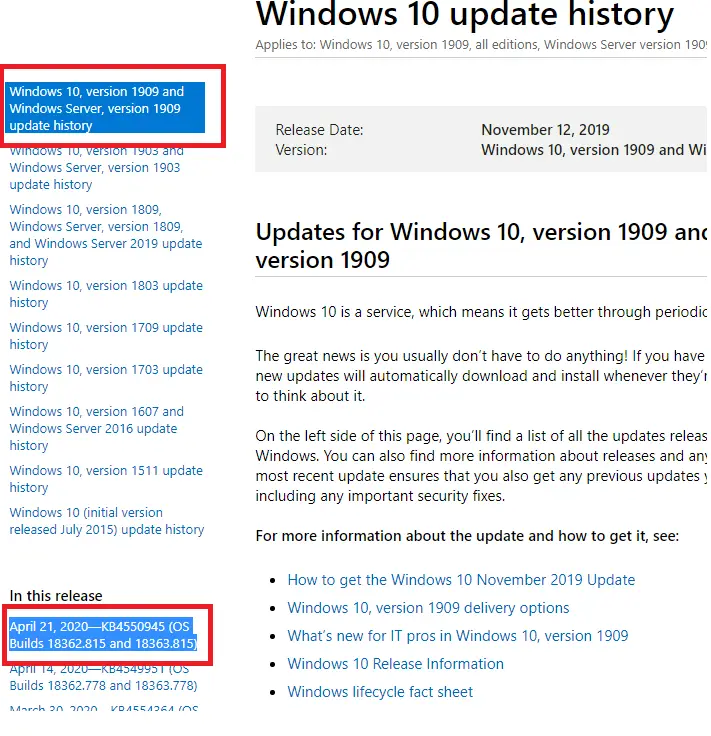 historial de actualizaciones de Windows 10 para todas las compilaciones y versiones