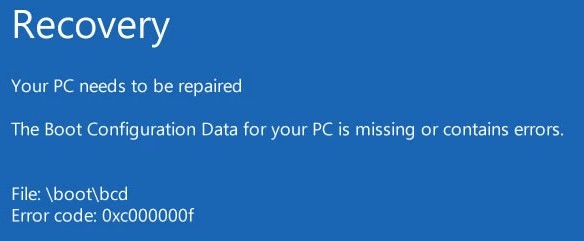 Windows 10: error de bcd de arranque 0xc000000f