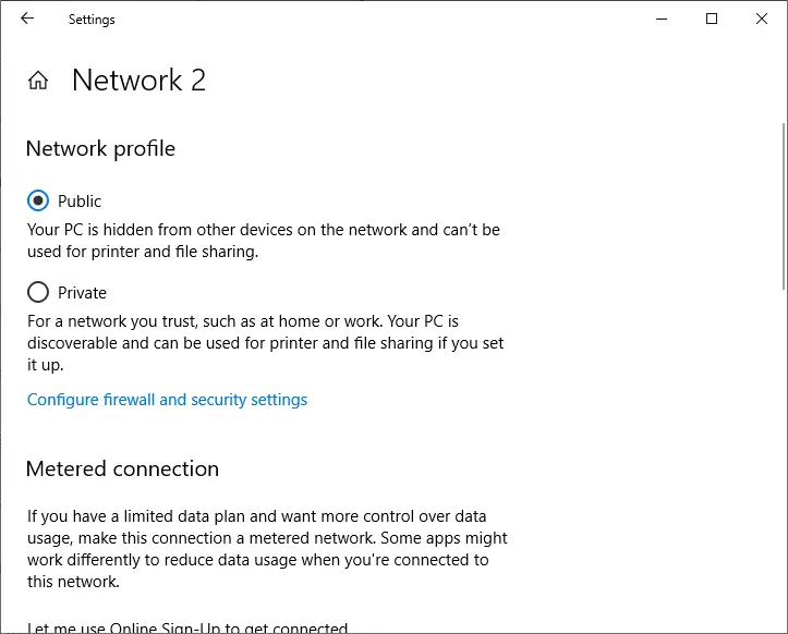 cambio de perfil de red de público a privado en la configuración de Windows 10