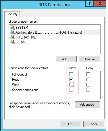 otorgando permisos de control total en el servicio de Windows para el administrador