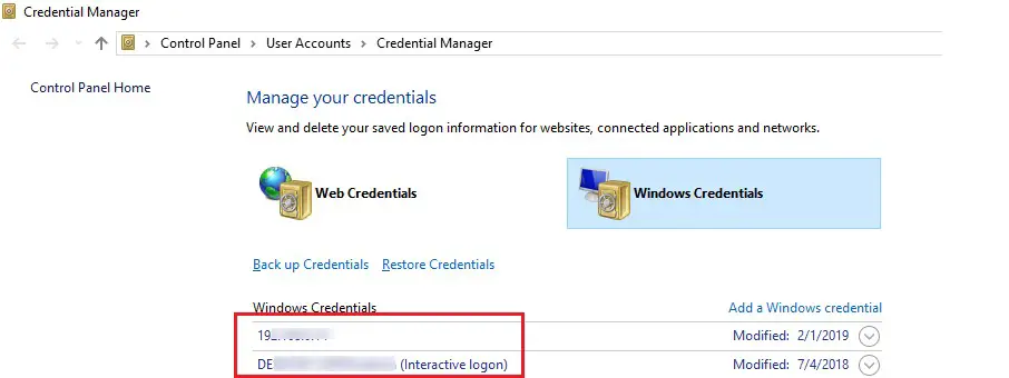 credenciales guardadas de Windows