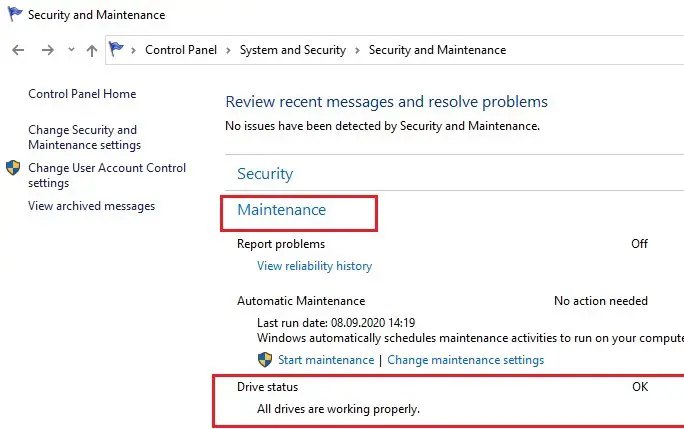 estado de verificación de la unidad en la tarea de mantenimiento automático en Windows 10