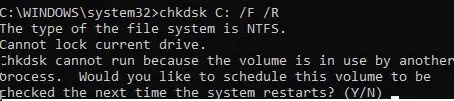 chkdsk: programa la verificación del volumen del sistema en el próximo reinicio