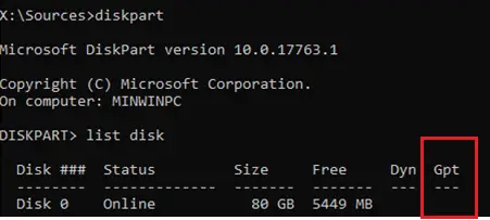 Windows diskpart - obtener la tabla de particiones de disco gpt o mbr