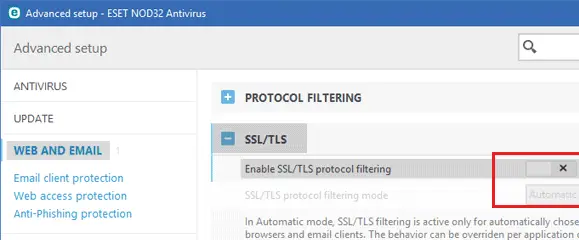 deshabilitar el filtrado del protocolo SSL / TLS en NOD32 Antivirus