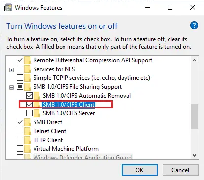 habilitación de la función de compatibilidad con archivos compartidos SMB 1.0 / CIFS en Windows 10