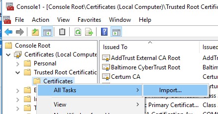 importar certificado raíz desde un archivo CER en Windows 10