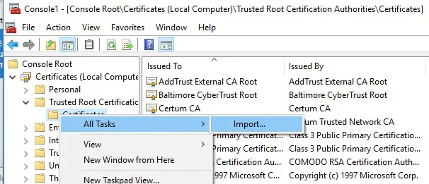 importar certificados raíz de confianza usando certmgr snapin