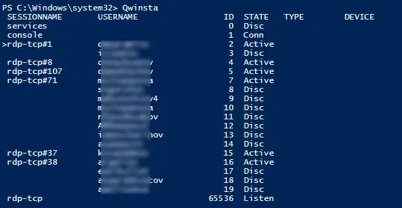 Qwinsta - lista de sesiones RDP y nombres de usuario