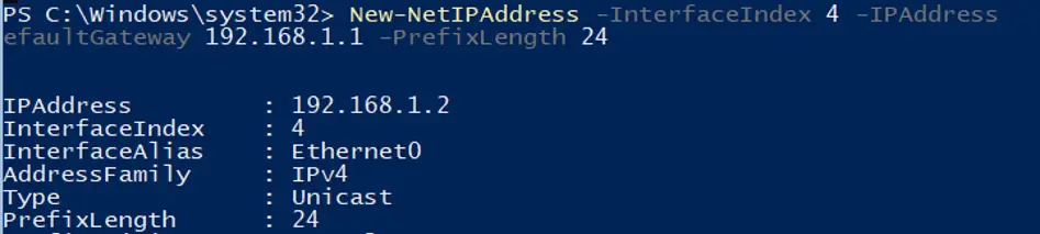 establecer la dirección IP en el servidor Hyper-V usando New-NetIPAddress 