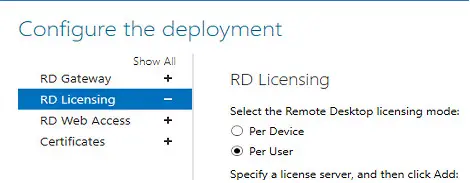 establecer el modo de licencia rd durante la implementación