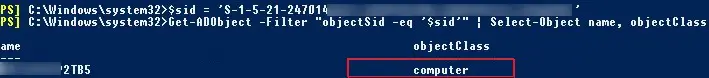 Get-ADObject busca el objeto de Active Directory por SID