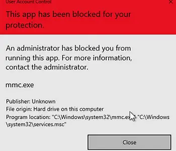 error mmc.exe y luego inicie la consola msc: uac esta aplicación ha sido bloqueada para su protección