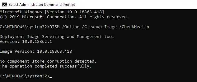 DISM / Cleanup-Image / CheckHealth - verifique la imagen de Windows 10