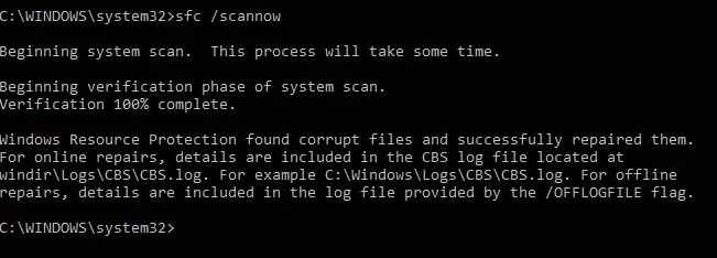 herramienta sfc / scannow - Protección de recursos de Windows encontró archivos corruptos y los reparó con éxito