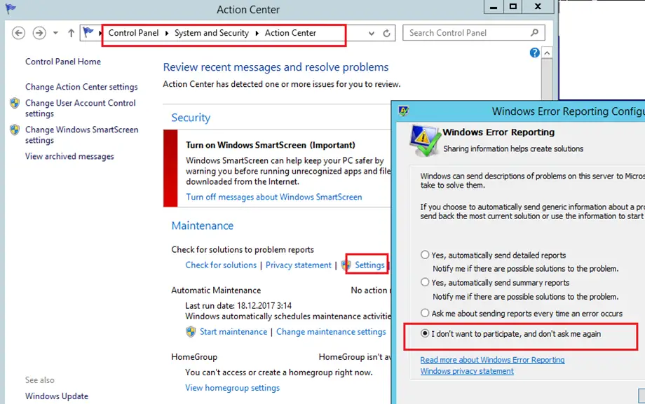 deshabilitar el informe de errores de Windows - Windows Server 2012r2