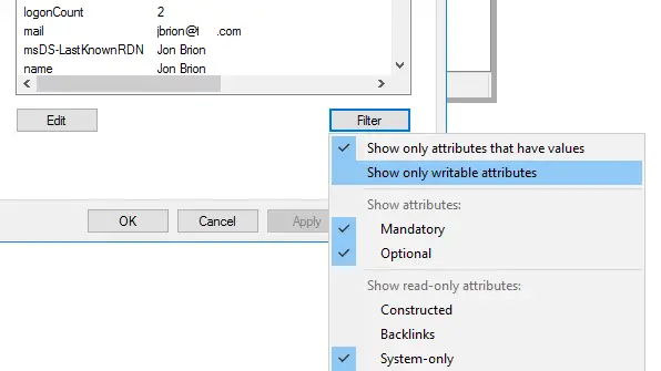 filtro del editor de atributos: muestra solo los atributos que se pueden escribir