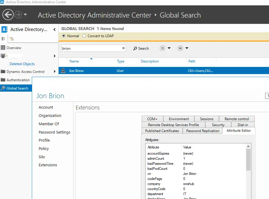 Editor de atributos del usuario en el Centro de administración de Active Directory 
