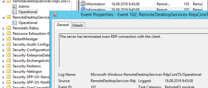 El servidor ha terminado la conexión RDP principal con el cliente: Microsoft-Windows-RemoteDesktopServices-RdpCoreTS