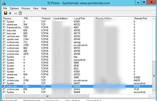 Sombra de sesión de Windows 10: puertos TCP