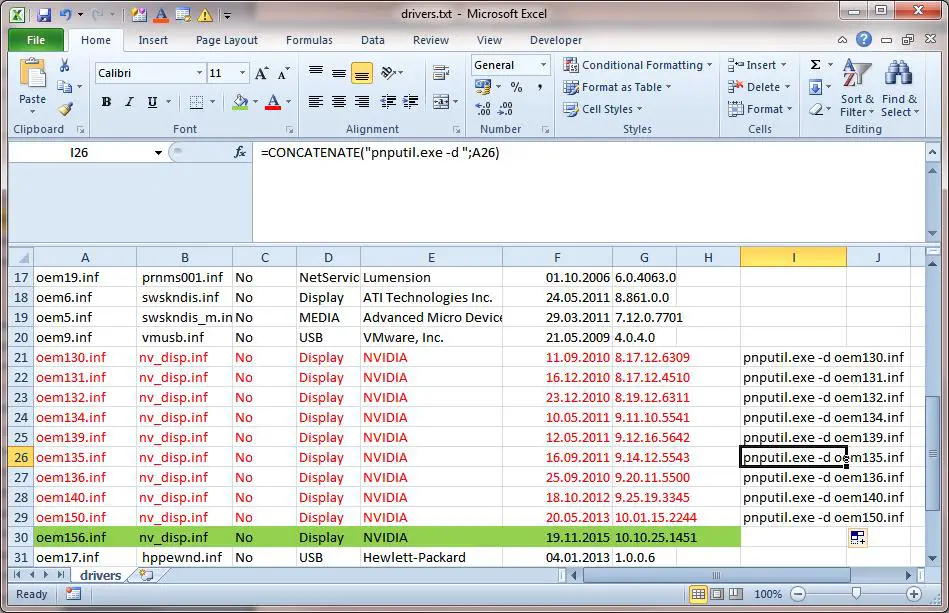analizar la lista de controladores antiguos en Excel