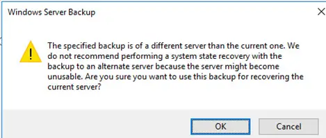 la copia de seguridad especificada en un servidor diferente al actual