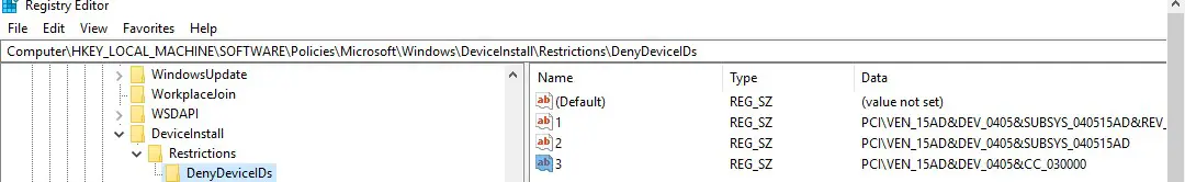 Registro denegar DeviceInstall -> Restricciones -> DenyDeviceIDs