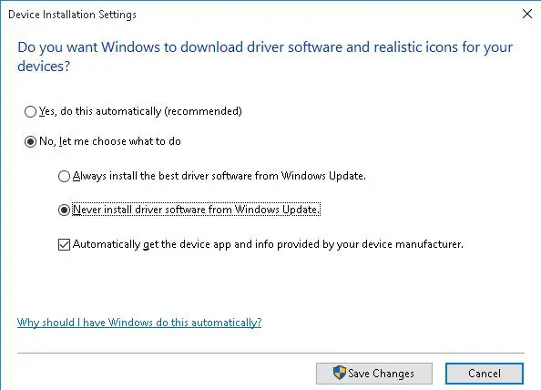 Desactivar la actualización de controladores a través de Windows Update