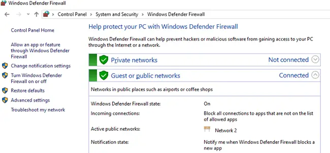 Ubicación de red del Firewall de Windows Defender (perfiles)