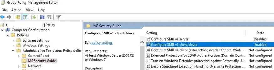 ms guía de seguridad gpo: deshabilitar el servidor y el controlador del cliente smbv1