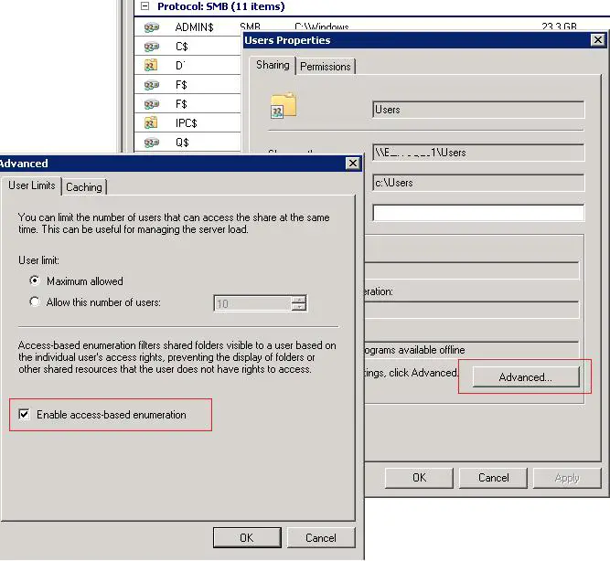 Habilite la enumeración basada en el acceso en el recurso compartido de Windows Server 2008