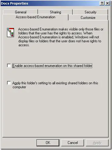 Habilite la enumeración basada en acceso en esta carpeta compartida Windows Server 2003