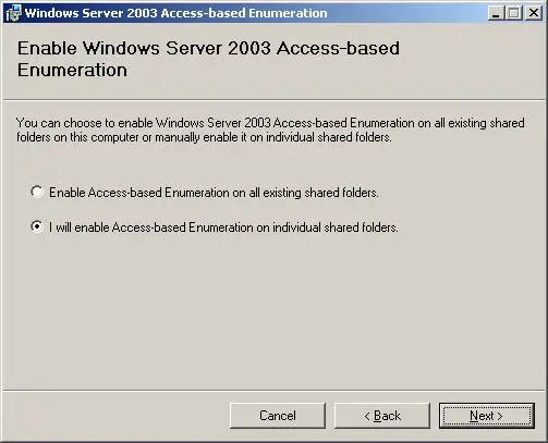 Instale la enumeración basada en el acceso en Windows-Server 2003 SP1