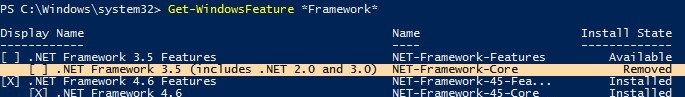 Función eliminada de NET-Framework-Core 3.5 en Windows Server