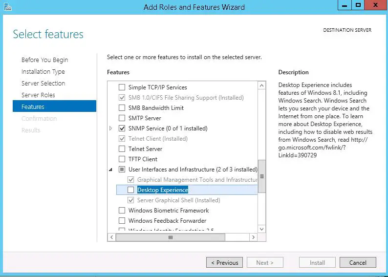 Función de experiencia de escritorio en Windows Server 2012 R2