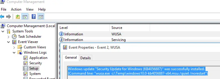 registro de instalación: la actualización de Windows se instaló correctamente