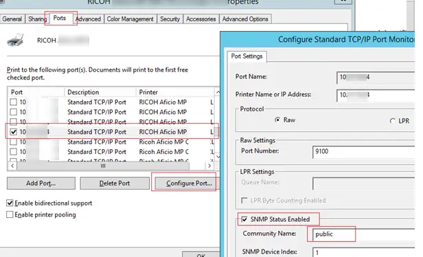 habilitar las comprobaciones de estado de snmp en las propiedades del puerto de impresión en el servidor de Windows