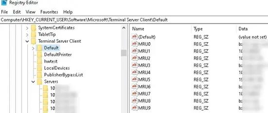 historial del cliente mstsc rdp en el registro de Windows