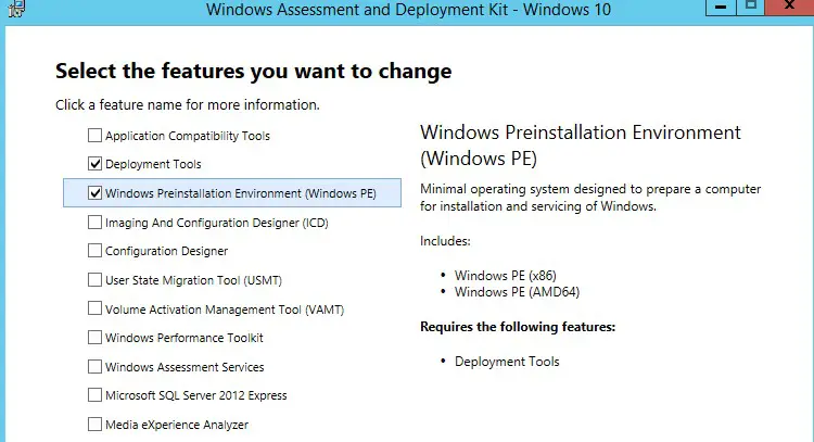 instalación del entorno de preinstalación de Windows (Windows PE) 