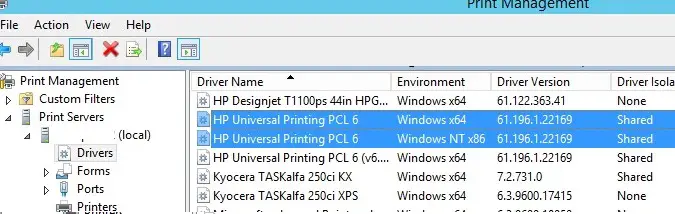 controladores instalados en el servidor de impresión: controlador HP Universal Printing PCL 6