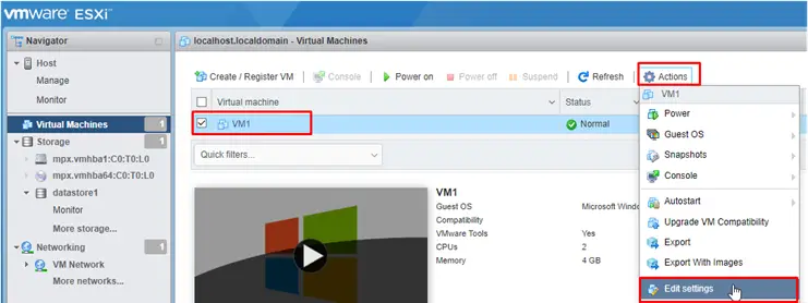 editar la configuración de vm a través del cliente web vmware