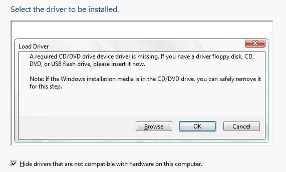 Falta un controlador de dispositivo de unidad de CD / DVD requerido. Si tiene un disquete de controlador, CD, DVD o unidad flash USB, insértelo ahora.
